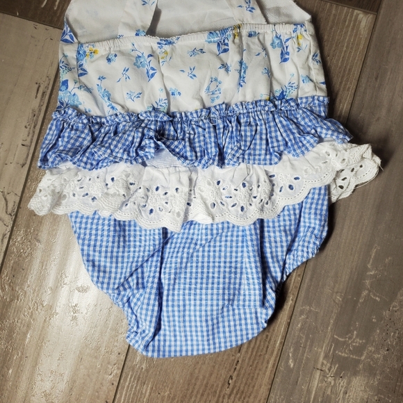Rare Editions White, Blue, Yellow Floral Lace Baby Bodysuit Bubble Romper Sz 6m - Picture 9 of 14